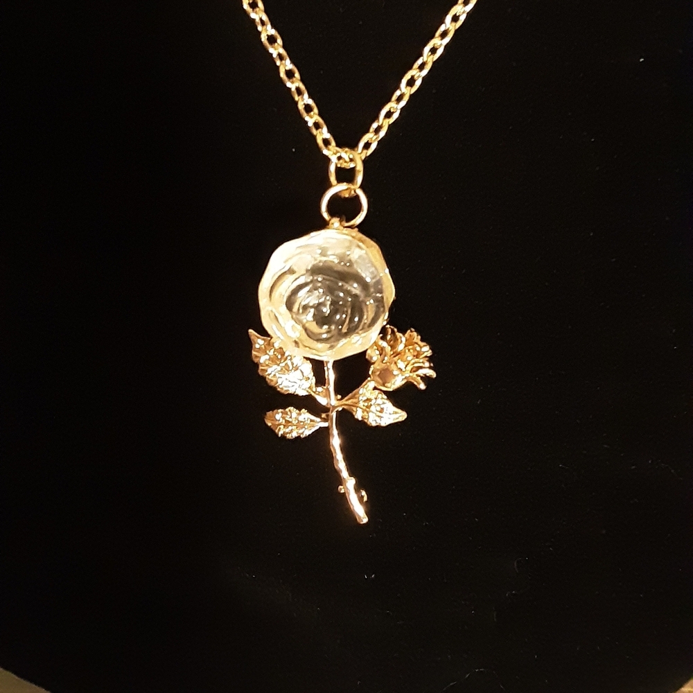 Hand Crafted Rose Necklace Gold Tone 24" Long Chain Limited Edition - Picture 3 of 6